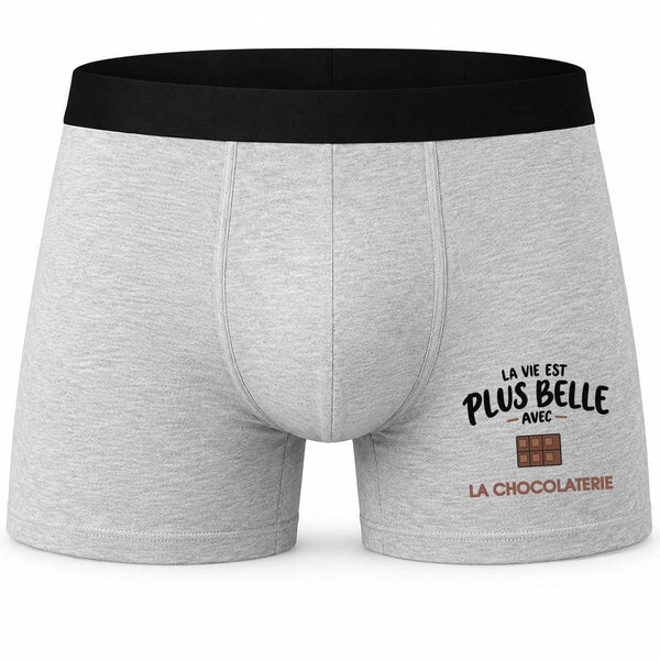 Boxer Homme La Vie est Plus Belle avec la chocolaterie | modèle 1 | Caleçon Coton Gris Motif Devant Coutures Plates S à 5XL | Idée Cadeau Chocolatier Fête des Pères Noël