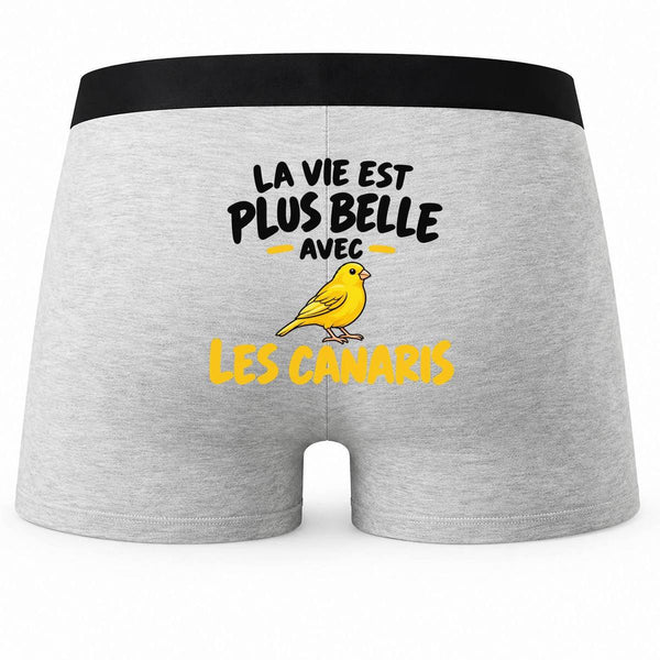 Boxer Homme La Vie est Plus Belle avec Les canaris | modèle 2 | Caleçon Coton Gris Motif au Dos Coutures Plates S à 5XL | Idée Cadeau Propriétaire Oiseau Fête des Pères Noël