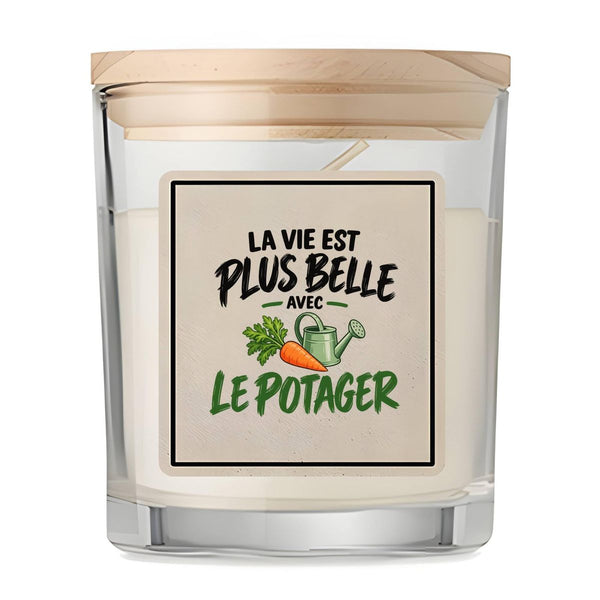 Bougie Parfumée Vanille La vie est plus belle avec le potager | modèle 2 | Verre 8,5 cm Couvercle Bambou et Boîte Cadeau | Déco Salon Chambre Détente