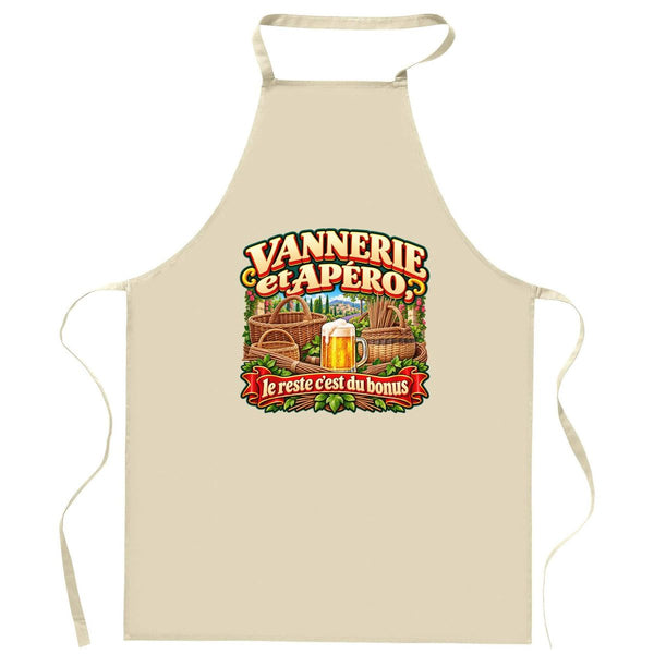 Tablier de Cuisine Vannerie et apéro, le reste c'est du bonus | Coton 90 × 60 cm Cou Ajustable Nouage dans le Dos | Pâtisserie Barbecue Atelier | Idée Cadeau Vannier Vannière Fête des Pères Noël