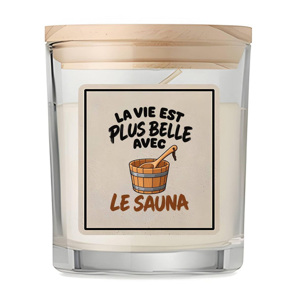 Bougie Parfumée Vanille La vie est plus belle avec le sauna | Verre 8,5 cm Couvercle Bambou et Boîte Cadeau | Déco Salon Chambre Détente | Idée Cadeau Crémaillère Noël