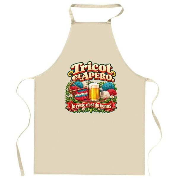 Tablier de Cuisine Tricot et apéro, le reste c'est du bonus | Coton 90 × 60 cm Cou Ajustable Nouage dans le Dos | Pâtisserie Barbecue Atelier | Idée Cadeau Tricoteur Tricoteuse Fête des Pères Noël