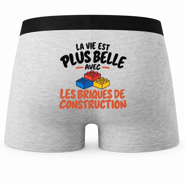 Boxer Homme La Vie est Plus Belle avec Les Briques de Construction | modèle 2 | Caleçon Coton Gris Motif au Dos Coutures Plates S à 5XL | Idée Cadeau Fête des Pères Noël