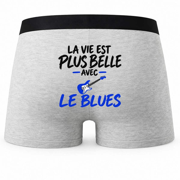 Boxer Homme La Vie est Plus Belle avec Le Blues | modèle 1 | Caleçon Coton Gris Motif au Dos Coutures Plates S à 5XL | Idée Cadeau Mélomane Fête des Pères Noël