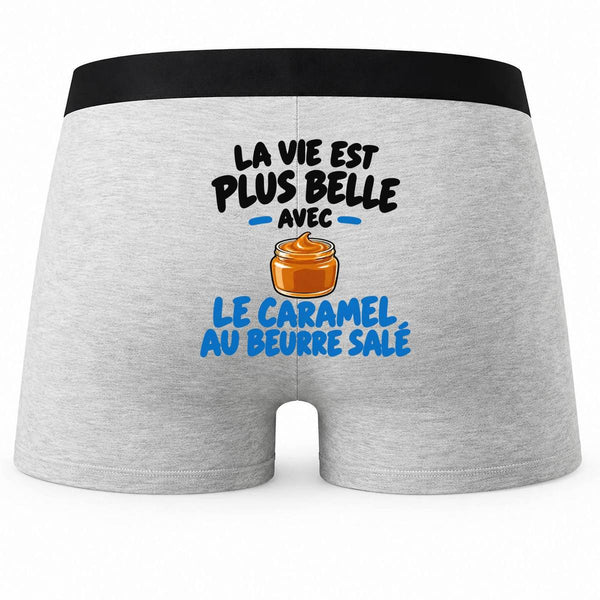 Boxer Homme La Vie est Plus Belle avec Le Caramel au Beurre salé | Caleçon Coton Gris Motif au Dos Coutures Plates S à 5XL | Idée Cadeau Gourmand Fête des Pères Noël