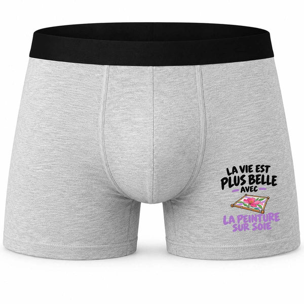 Boxer Homme La Vie est Plus Belle avec la Peinture sur Soie | Caleçon Coton Gris Motif Devant Coutures Plates S à 5XL | Idée Cadeau Peintre Fête des Pères Noël