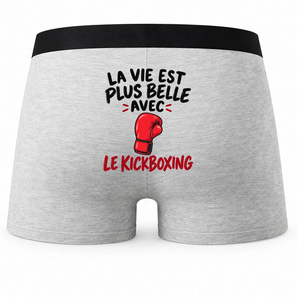 Boxer Homme La Vie est Plus Belle avec Le Kickboxing | Caleçon Coton Gris Motif au Dos Coutures Plates S à 5XL | Idée Cadeau Kickboxeur Fête des Pères Noël