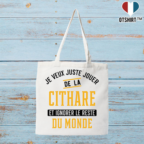 Tote bag coton recyclé jouer de la cithare et ignorer le monde