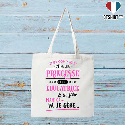 Tote bag coton recyclé princesse et éducatrice