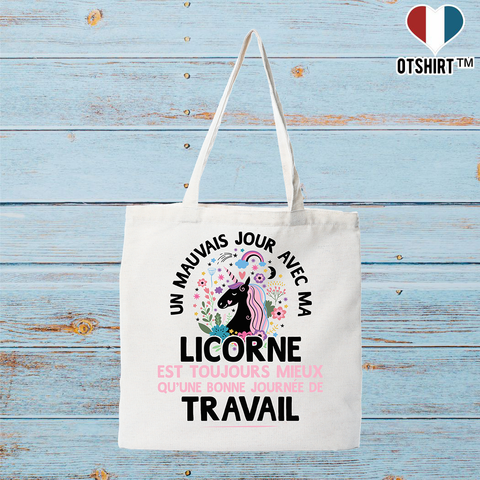 Tote bag coton recyclé un mauvais jour avec ma licorne