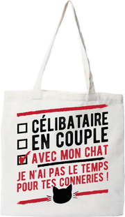 Tote bag coton recyclé célibataire avec mon chat