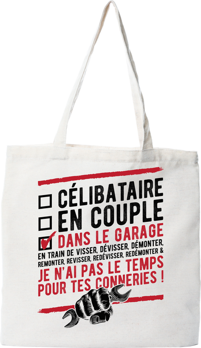 Tote bag coton recyclé célibataire dans le garage
